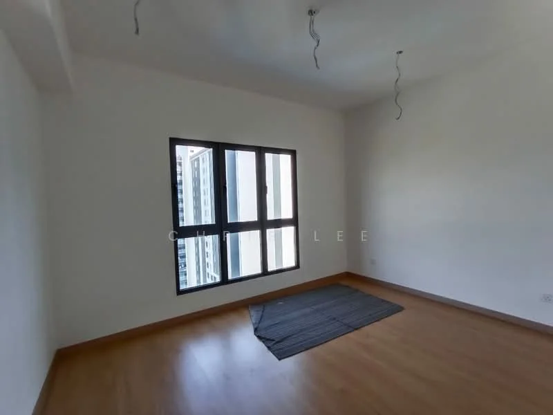 Room features: white painted walls, laminate flooring, floor-to-ceiling windows, two light fixtures on ceiling, unfurnished space, single window with black frames, minimal decor, area rug on floor; style: minimalist; view: city.