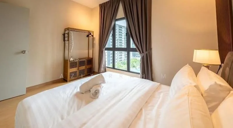 Bedroom features: king-size bed with white bedding, upholstered headboard, wooden bedside table, table lamp with cream shade, floor-to-ceiling window, grey curtains, light wood flooring, decorative wall with light color, open shelving unit, wall-mounted light fixture; style: modern; view: city.