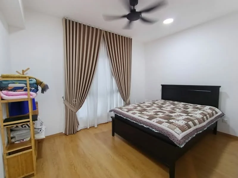 Bedroom features: queen-size bed, upholstered headboard, bedding with patterned quilt, wooden flooring, 5-blade ceiling fan, striped curtains, white painted walls, wooden shelving unit, decorative throw blankets; style: modern.