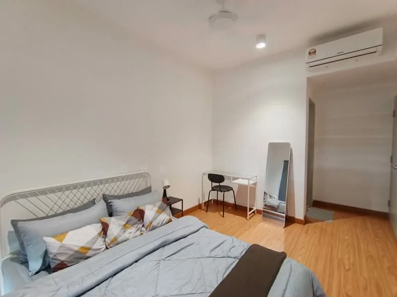 Bedroom features: queen-size bed with grey bedding, decorative throw pillows with geometric pattern, wooden flooring, white painted walls, ceiling fan, wall-mounted split AC, full-length mirror, study desk with chair; style: modern.