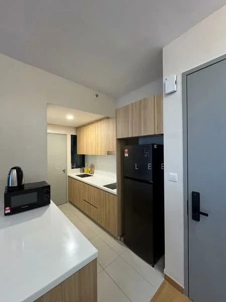 Kitchen features: white quartz countertop, light wood cabinetry, built-in microwave, stainless-steel fridge, single-bowl stainless-steel sink, chrome pull-down faucet, ceramic tile flooring, recessed LED downlights, kettle, wall-mounted cabinet, open shelving; style: modern.