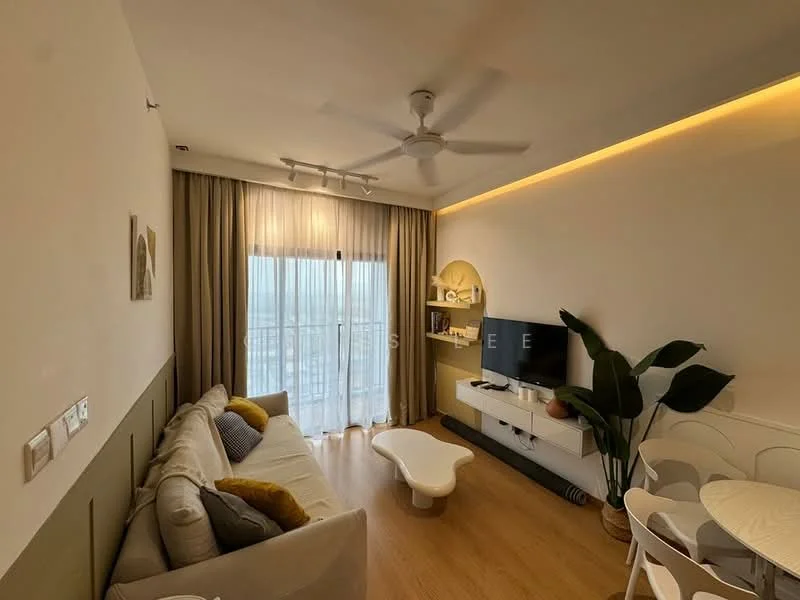 Living features: 3-seater fabric sofa in light grey, ceiling fan with light, TV console with wall-mounted TV, white coffee table, floor-to-ceiling windows with sheer curtains, wooden flooring, decorative wall shelf, indoor plant, recessed LED lighting, neutral colour scheme, dining table with chairs; style: modern; view: city.