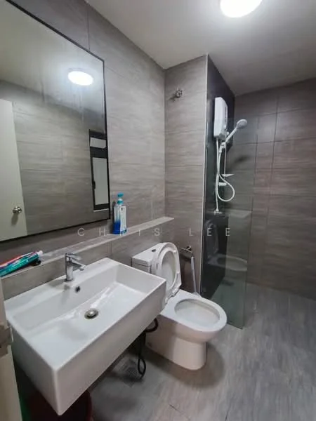 Bathroom features: single-sink vanity with white cabinet, chrome basin mixer faucet, framed mirror, one-piece toilet, walk-in shower with glass enclosure, handheld shower, tile cladding on walls, grey ceramic tile flooring, recessed ceiling lights; style: modern.