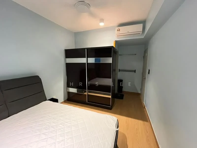 Bedroom features: grey upholstered headboard, queen-size bed, black sliding wardrobe, wooden flooring, wall-mounted air conditioning unit, recessed ceiling lights, light blue painted walls, clothes rack; style: modern.