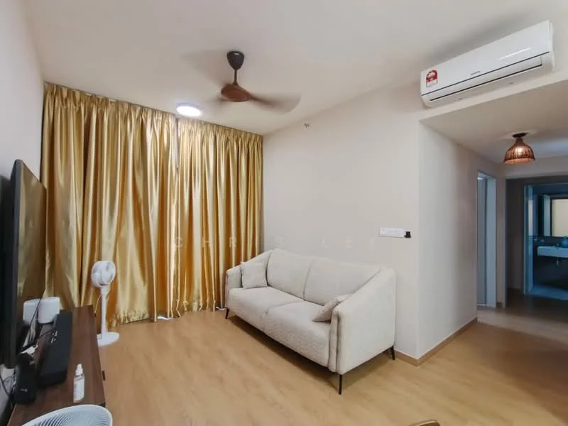 Living features: beige fabric sofa, wooden TV console, wall-mounted TV, 5-blade ceiling fan with light, golden curtains, laminate flooring, recessed lighting, air conditioning unit; style: modern. Room features: doorway leading to other rooms, light fixture.