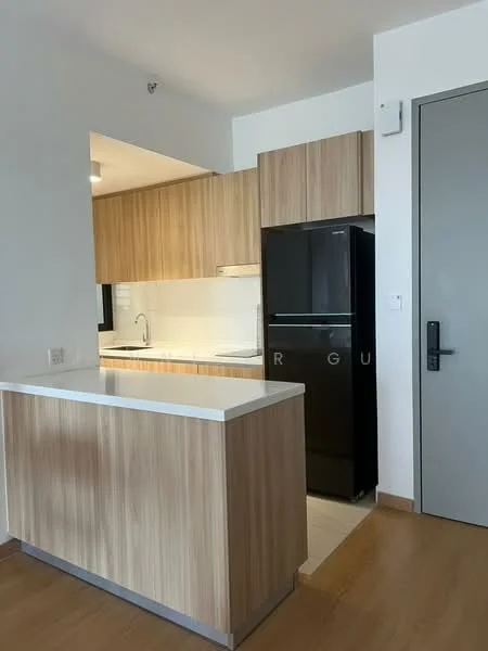 Kitchen features: wood cabinetry, white countertop, stainless-steel sink, chrome pull-down faucet, black refrigerator, built-in oven, ceramic tile backsplash, under-cabinet lighting, laminate flooring, recessed downlights; style: modern.