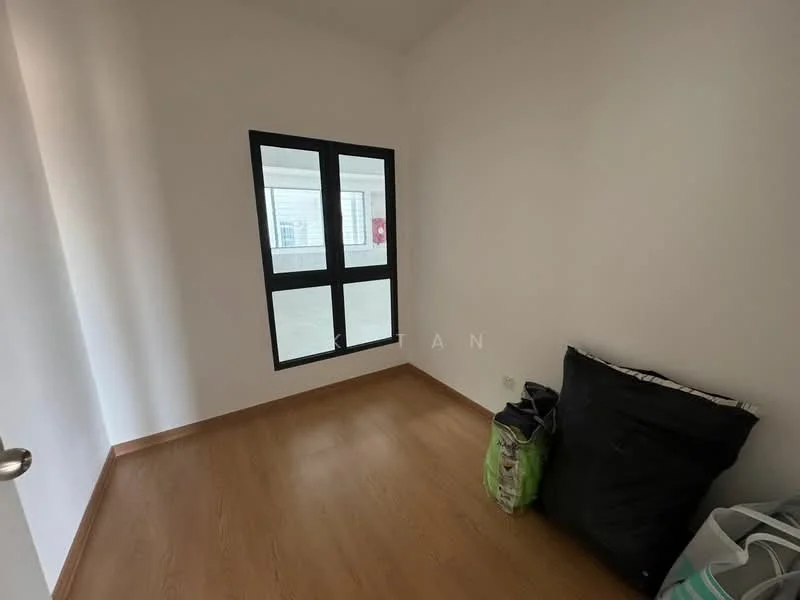 Room features: white painted walls, laminate flooring, floor-to-ceiling windows, black window frames, natural light, empty space, no visible furniture, minimal decor; style: minimalist.
