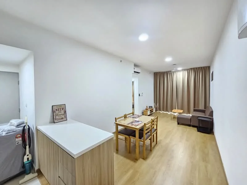 Living features: light wood laminate flooring, white painted walls, recessed downlights, floor-to-ceiling curtains in beige, sofa chair in grey, wooden dining table with four chairs, side table, air conditioning unit, wall-mounted TV, open shelving unit, decorative wall art; style: modern. Room features: bed with bedding, door leading to another room.