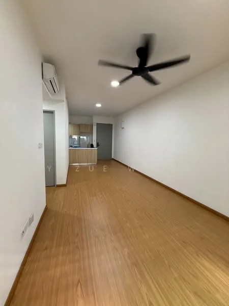 Living features: light wood laminate flooring, white painted walls, 5-blade ceiling fan, wall-mounted split AC, recessed downlights, open layout to kitchen, doorway leading to kitchen, no visible furniture; style: modern.