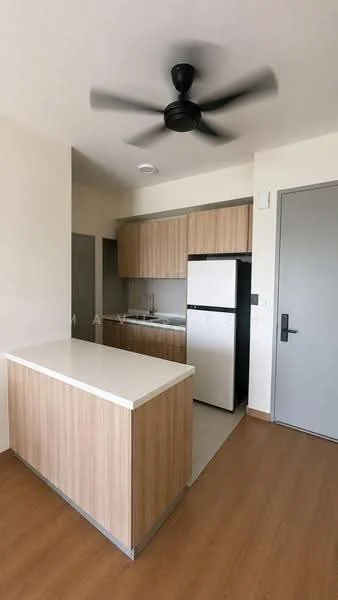 Kitchen features: laminate cabinetry in light wood finish, white quartz countertop, stainless-steel fridge, built-in sink, chrome faucet, 5-blade ceiling fan with light, ceramic tile flooring, neutral painted walls, open layout with breakfast bar; style: modern.