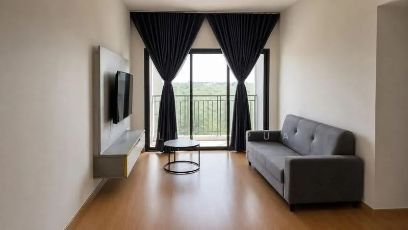 Living features: grey fabric sofa, wall-mounted TV, TV console, round coffee table, floor-to-ceiling windows, blackout curtains, wooden flooring, balcony view; style: modern; view: garden.