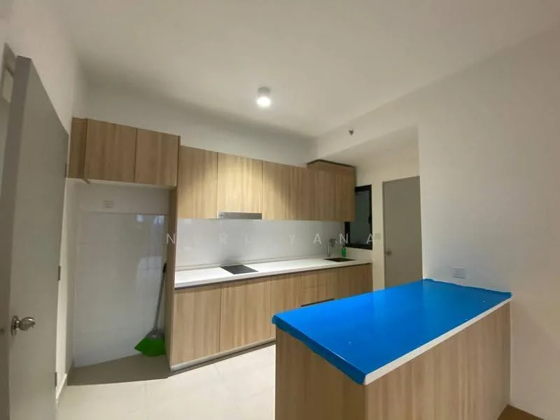 Kitchen features: light wood cabinetry, white countertop, blue kitchen island, built-in stove, single-bowl stainless-steel sink, chrome faucet, white tiled backsplash, recessed ceiling lights, neutral wall color, tile flooring; style: modern.