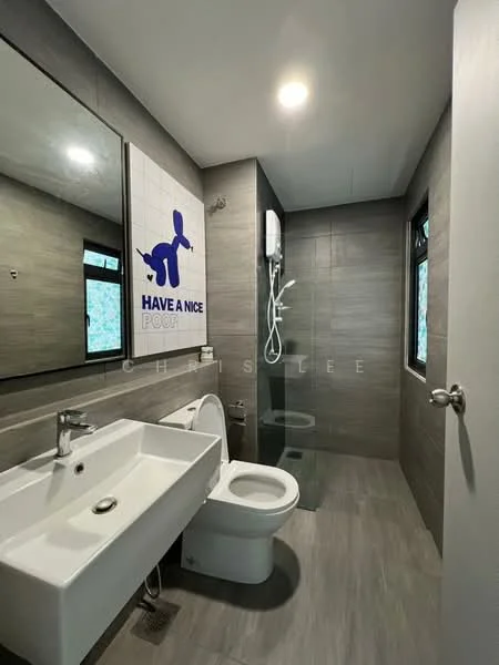 Bathroom features: grey tiled walls, grey tiled flooring, single-sink vanity with white cabinet, chrome basin mixer faucet, framed mirror, one-piece toilet, walk-in shower with glass enclosure, handheld shower, wall-mounted water heater, window with natural light, decorative wall art with text; style: modern.
