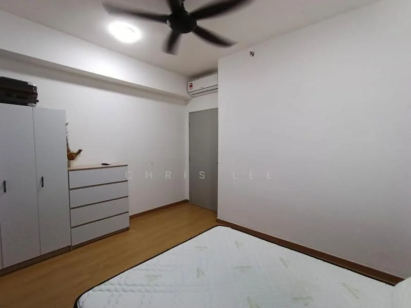 Bedroom features: white painted walls, laminate flooring, 5-blade ceiling fan, wall-mounted split AC, built-in wardrobe with white doors, chest of drawers, door to hallway, unmade bed with mattress; style: modern.