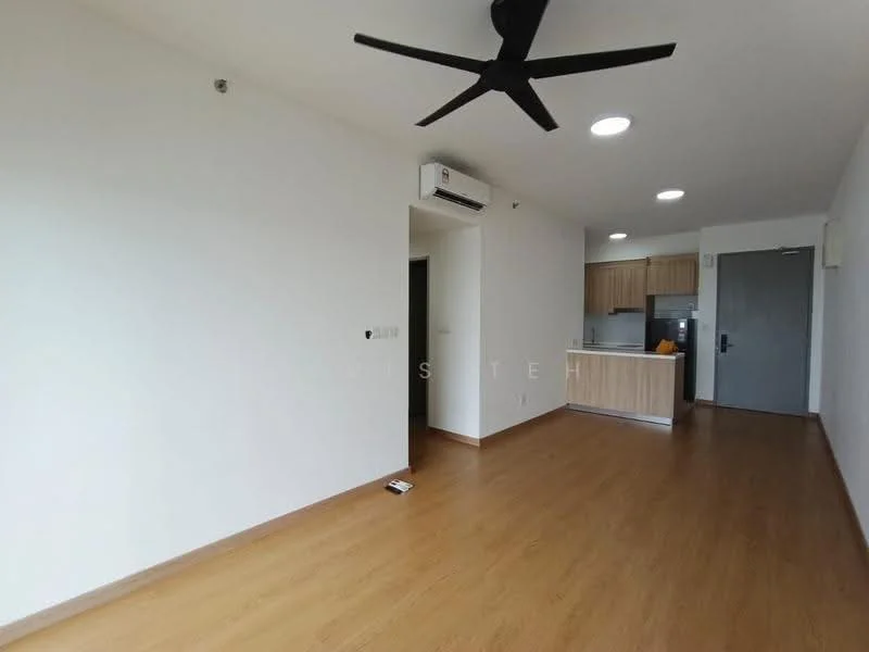 Living features: laminate flooring, white painted walls, 5-blade ceiling fan, recessed downlights, wall-mounted split AC, open layout to kitchen, doorway to hallway, large windows, neutral color scheme; style: modern. Kitchen features: kitchen cabinetry, countertop, open layout to living area; style: modern.
