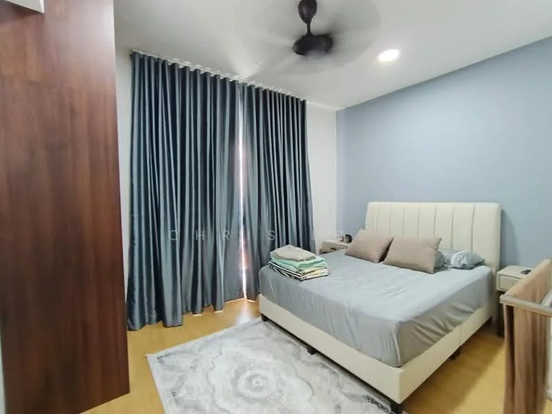 Bedroom features: queen-size bed with upholstered headboard, grey bedding, wooden flooring, floor-to-ceiling curtains in grey, light blue accent wall, ceiling fan, nightstand, decorative area rug; style: modern.