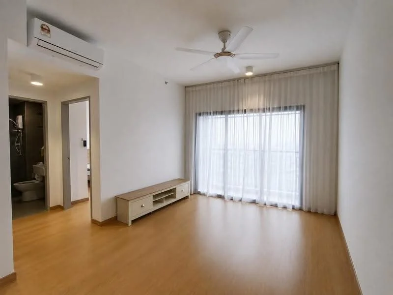Living features: laminate flooring, white painted walls, 5-blade ceiling fan with light, floor-to-ceiling windows, sheer curtains, TV console, natural light, air conditioning unit; style: modern. Room features: doorway to bathroom, doorway to hallway.