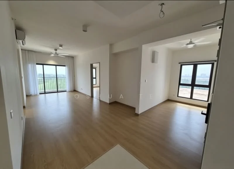 Living features: laminate flooring, white painted walls, 5-blade ceiling fan, floor-to-ceiling windows, sliding glass door, sheer curtains, recessed downlights, balcony access, open layout, natural light, city view; style: modern; view: city. Room features: laminate flooring, white painted walls, 5-blade ceiling fan, window, natural light.
