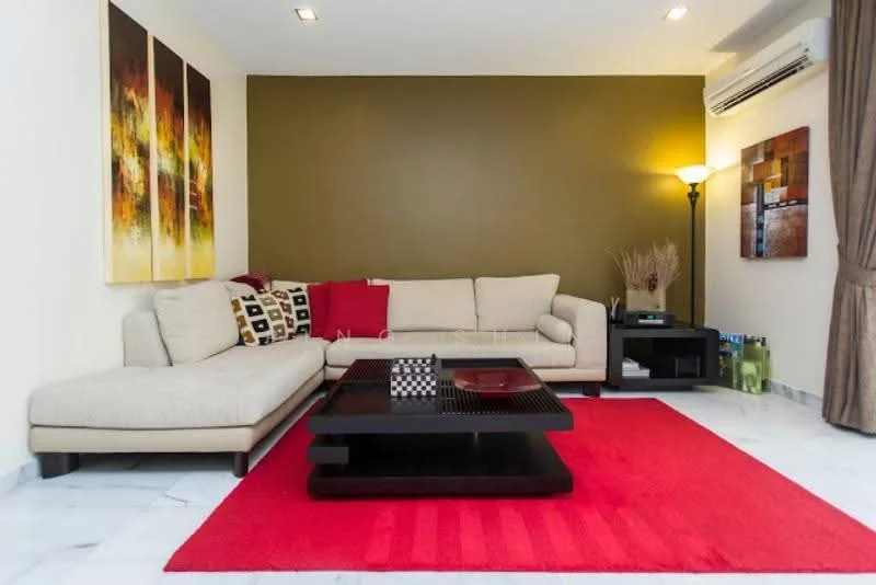 Living features: L-shape sectional sofa in beige, red accent pillows, black coffee table, area rug in red, marble flooring, cream painted walls, dark accent wall in olive green, floor lamp, wall-mounted air conditioning unit, framed artwork on walls, decorative plant in ceramic pot, TV console, decorative items on console; style: modern.