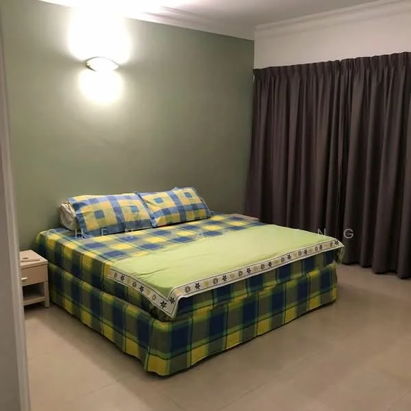 Bedroom features: king-size bed with green and blue checkered bedding, cream painted walls, grey curtains, tile flooring, wall-mounted light fixture, nightstand beside bed.
