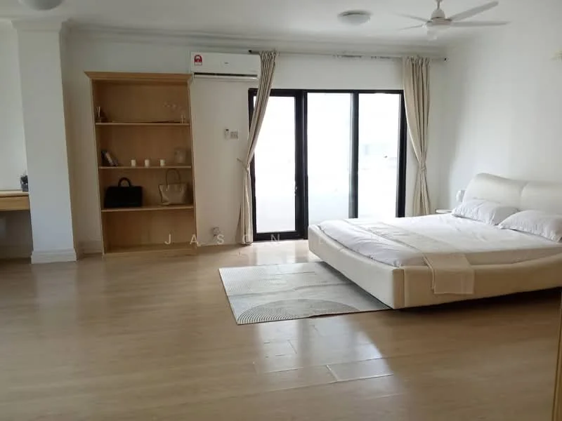 Bedroom features: king-size bed with white upholstered headboard, light wood flooring, floor-to-ceiling windows, sheer curtains, ceiling fan, built-in shelving unit, decorative items on shelves, wall-mounted air conditioning unit, area rug with geometric pattern, study desk, chair; style: modern.
