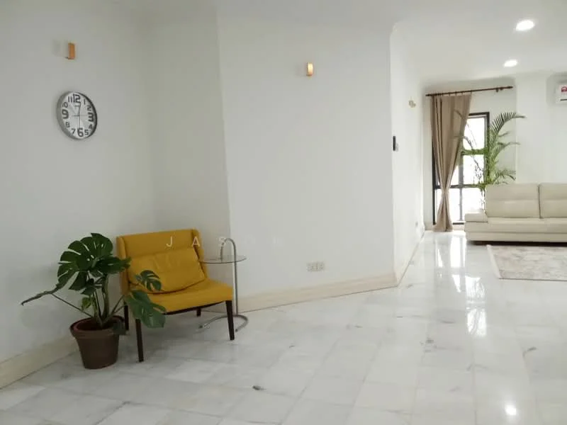 Living features: white painted walls, marble tile flooring, recessed downlights, wall-mounted clock, large windows, curtains, sofa in cream color, potted plant, yellow armchair, area rug; style: modern; view: garden.