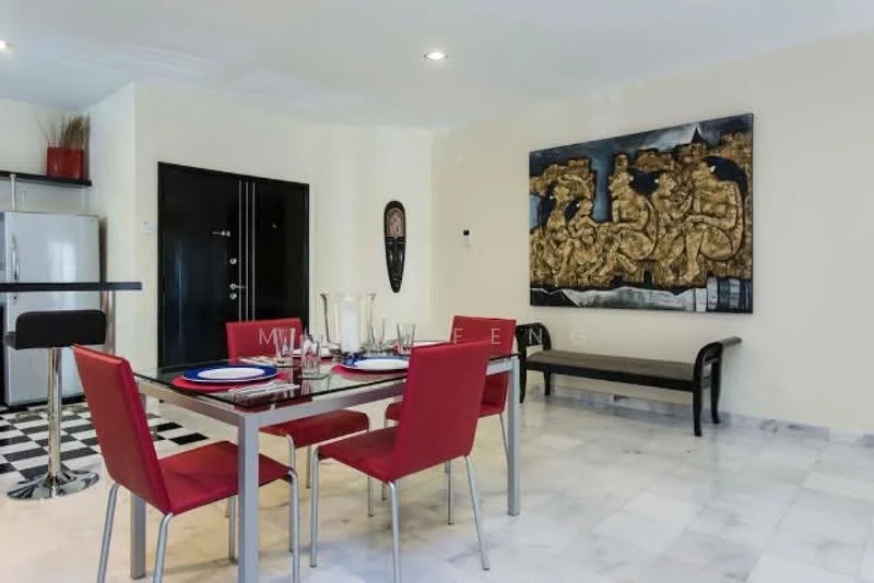 Dining features: glass dining table, 4 red upholstered dining chairs, decorative wall art with gold accents, white painted walls, marble flooring, black and white checkered flooring in kitchen area, sideboard bench, recessed ceiling lights; style: modern. Kitchen features: stainless-steel fridge, black countertop, kitchen cabinetry, open layout to dining area; style: modern.