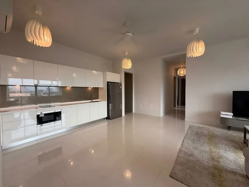 Kitchen features: white flat-panel cabinets, stainless-steel built-in oven, stainless-steel fridge, white quartz countertop, grey tile backsplash, single-bowl stainless-steel sink, chrome pull-down faucet, 4-burner gas hob, recessed LED downlights; style: modern. Living features: 3-seater fabric sofa, wall-mounted TV, coffee table, area rug with geometric pattern, ceiling fan with light, pendant lighting, large window, light-colored walls, polished tile flooring; style: modern.