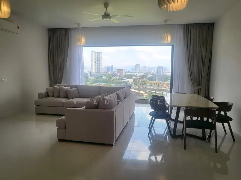 Living features: large floor-to-ceiling windows with city view, 3-seater fabric sofa in light grey, coffee table, dining table for 4 with black chairs, white walls, polished tile flooring, ceiling fan, curtains, air conditioning unit; style: modern; view: city.