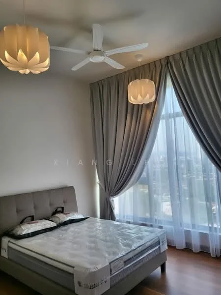 Bedroom features: king-size bed, upholstered headboard, 2 bedside lamps, 5-blade ceiling fan with light, floor-to-ceiling windows, sheer curtains, dark wood flooring, decorative ceiling light, decorative wall art; style: modern; view: city.