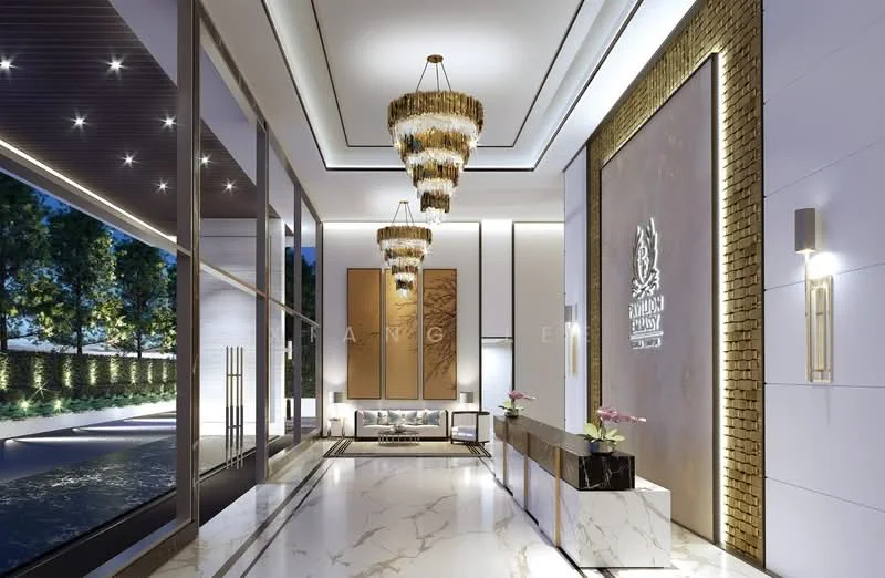 Room features: marble flooring, high ceiling, chandeliers, recessed lighting, decorative wall panels, large windows, modern reception desk, potted plants, brick accent wall, water feature, wall-mounted sconces; style: modern; view: garden.