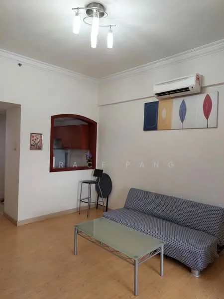 Living features: sofa with patterned upholstery, glass coffee table, wooden flooring, wall-mounted air conditioning unit, recessed ceiling lights, decorative wall art with abstract designs, open archway to kitchen, bar stools at kitchen counter; style: modern.