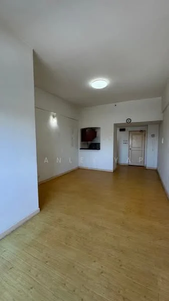 Room features: light wood laminate flooring, white painted walls, ceiling light fixture, wall-mounted TV, doorway leading to another room, window with natural light, no visible furniture; style: minimalist.