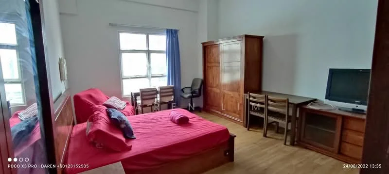 Bedroom features: queen-size bed with red bedding, wooden wardrobe, wooden desk, wooden chair, TV on wooden cabinet, two windows with blue curtains, laminate flooring, white painted walls, study chair; style: modern.