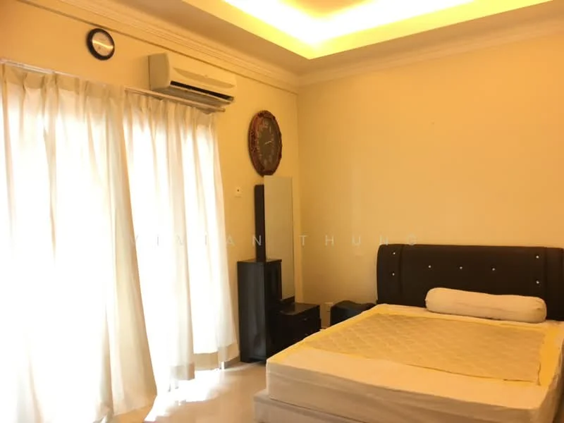 Bedroom features: queen-size bed, upholstered headboard, white bedding, floor-to-ceiling windows, sheer curtains, wall-mounted air conditioning unit, wooden bedside table, black TV cabinet, decorative wall clock, recessed ceiling lights, cream painted walls, glossy tile flooring; style: modern.