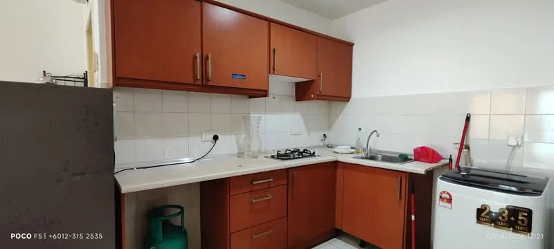Kitchen features: brown wooden cabinetry, white countertop, stainless-steel sink, chrome pull-down faucet, 4-burner gas hob, white tiled backsplash, built-in oven, refrigerator, wall-mounted cabinet, floor-mounted cabinet, kitchen utensils on countertop; style: modern.
