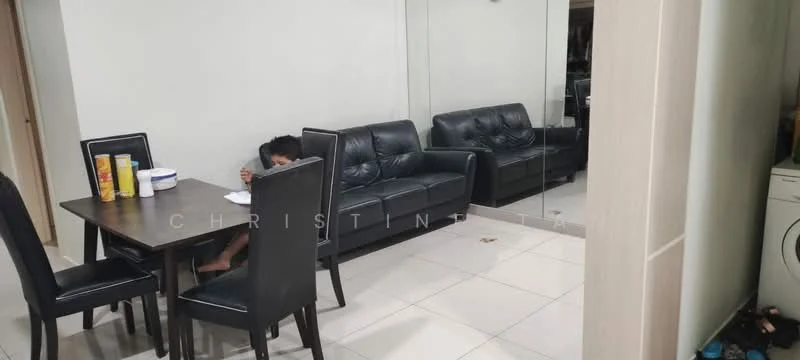 Dining features: black dining table, 4 black dining chairs, white ceramic plates, cereal boxes, tile flooring, white painted walls, large mirror on wall, sofa in adjacent area, floor-to-ceiling mirror, laundry machine visible in corner; style: modern.