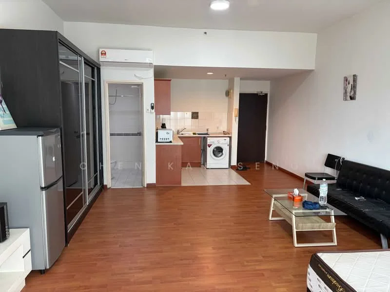 Living features: laminate flooring, black leather sofa, coffee table, wall-mounted air conditioning unit, refrigerator, washing machine, open shelving, built-in wardrobe, kitchenette with countertop, light fixture in ceiling; style: modern. Room features: white painted walls, tile flooring, kitchen area with sink, stainless-steel appliances.