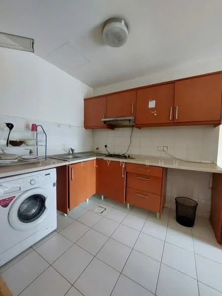 Kitchen features: orange cabinetry, white tiled backsplash, stainless-steel range hood, 4-burner gas hob, single-bowl stainless-steel sink, chrome pull-down faucet, built-in washing machine, countertop with space for appliances, white tiled flooring, ceiling light fixture; style: modern.