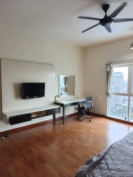 Bedroom features: wooden flooring, cream painted walls, 5-blade ceiling fan, wall-mounted TV, built-in desk with chair, large window with city view, curtains, shelving unit; style: modern; view: city.