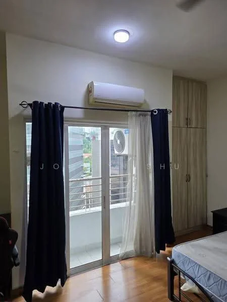 Bedroom features: wooden flooring, white painted walls, sliding glass door, floor-to-ceiling windows, blackout curtains, sheer curtains, wall-mounted split AC, built-in wardrobe, ceiling light, bedside table, queen-size bed; style: modern; view: city.