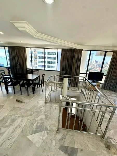 Living features: marble flooring, large windows with city view, dining table with chairs, curtains, ceiling with crown moulding, open layout, staircase with railing, natural light; style: modern; view: city.