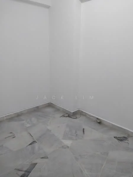 Room features: white painted walls, marble tile flooring, corner room, electrical outlet visible, minimal decor; style: minimalist.