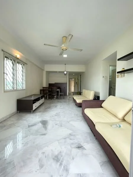 Living features: marble flooring, white painted walls, 5-blade ceiling fan with light, sofa in beige, 3-seater fabric sofa, 2-seater leather sofa, TV console, wall-mounted shelves, large windows with metal grilles, dining area visible in background, natural light from windows; style: modern.
