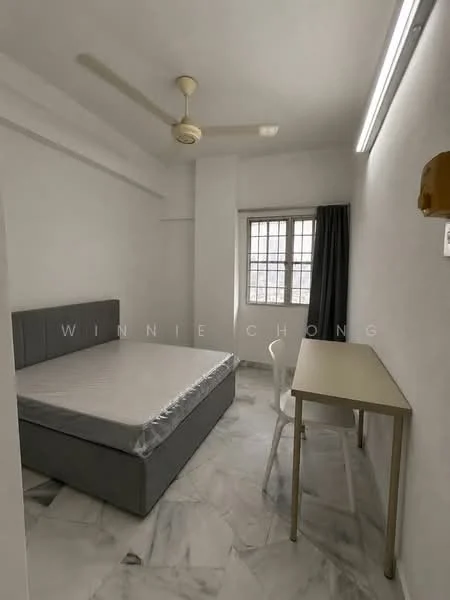 Bedroom features: grey upholstered bed frame, mattress on bed frame, white painted walls, marble flooring, ceiling fan, window with grid pattern, study desk, white chair, LED strip lighting; style: modern.