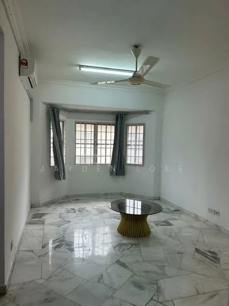Living features: marble flooring, white painted walls, ceiling fan, floor-to-ceiling windows, grey curtains, round coffee table with gold base, air conditioning unit on wall, recessed ceiling lights; style: modern.