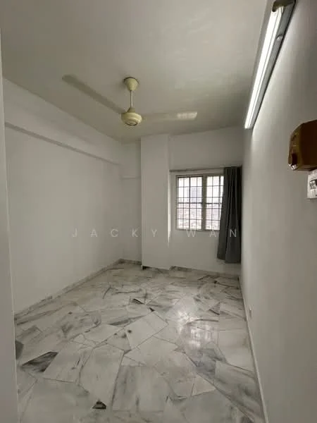 Room features: white painted walls, marble tile flooring, ceiling fan, window with grid pattern, curtain, light fixture, corner wall-mounted electrical outlet.