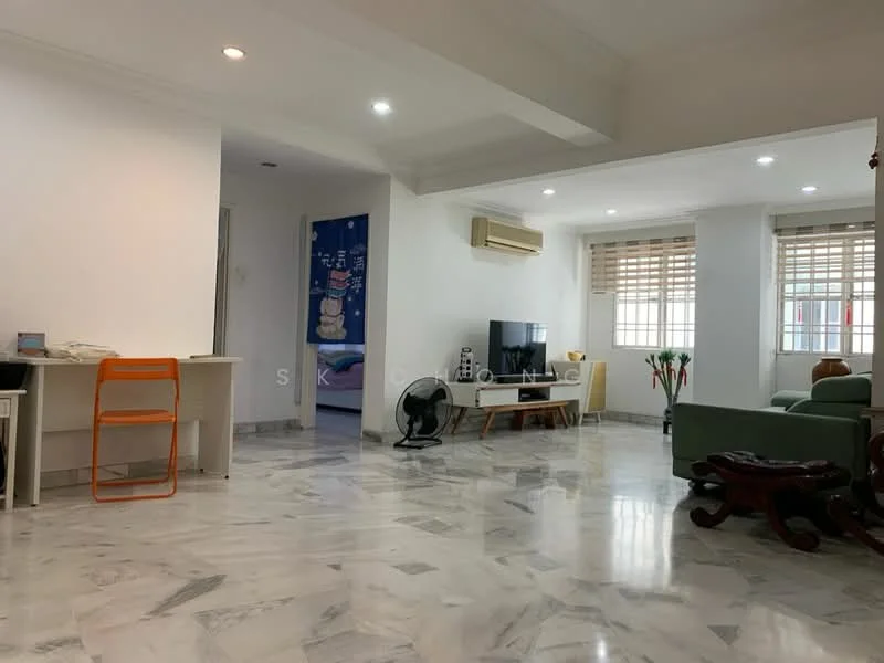Living features: marble flooring, white painted walls, recessed downlights, wall-mounted TV, TV console, 3-seater fabric sofa in green, coffee table, ceiling fan, window with blinds, decorative plants, air conditioning unit, open layout; style: modern. Dining features: white painted walls, marble flooring, dining table with chairs, open layout; style: modern.