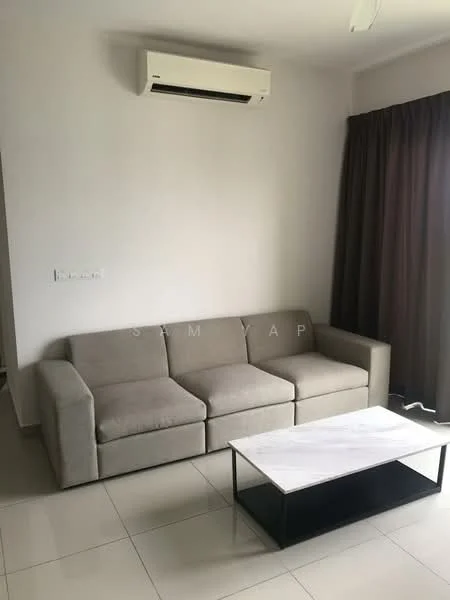 Living features: 3-seater fabric sofa in beige, coffee table with marble top and black base, floor-to-ceiling window with sheer curtains, wall-mounted split AC, light-colored tiled flooring, white painted walls, ceiling fan; style: modern.