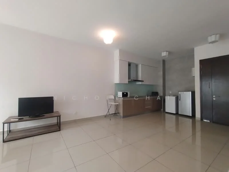 Living features: white painted walls, tile flooring, recessed downlights, wall-mounted TV, wooden TV console, microwave, built-in kitchen cabinets, stainless-steel fridge, kitchen countertop, single chair; style: modern.